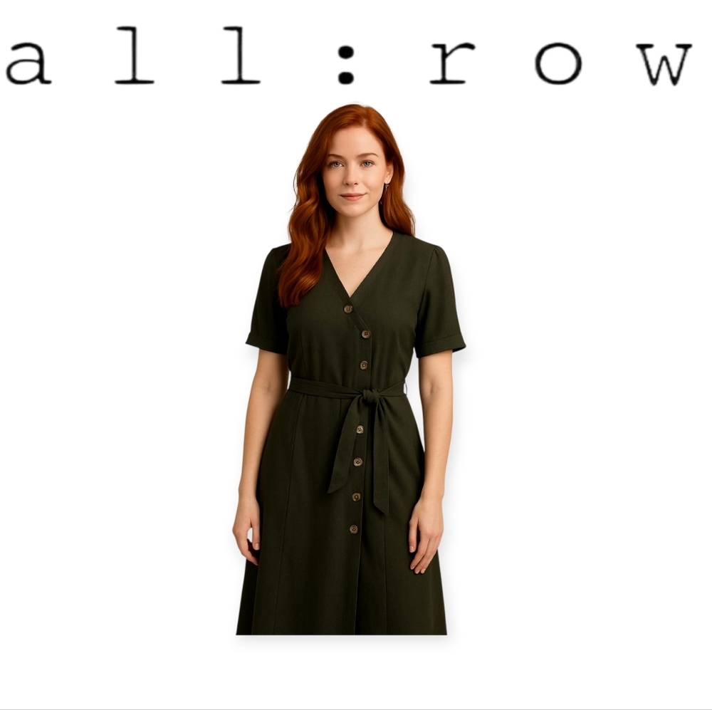All:Row Olive Green Belted Dress Medium, Rayon, Casual Chic, Spring-Ready